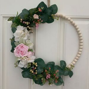 Floral Hoop Wreath: Pink Roses, Eucalyptus, Wood Beads - Boho Farmhouse Decor